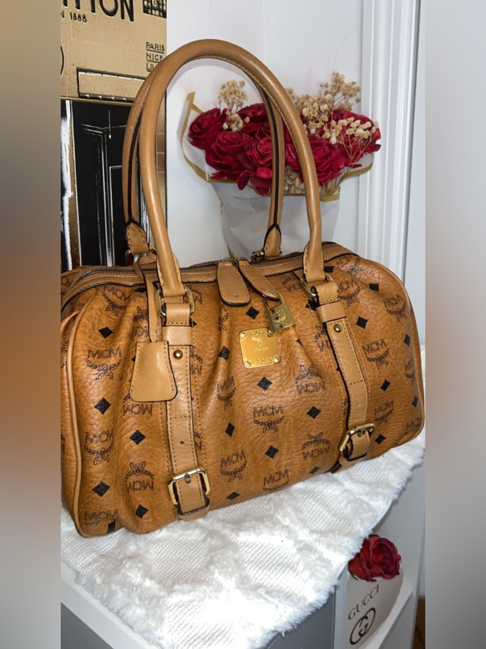 MCM Visetos Boston Bag in Cognac